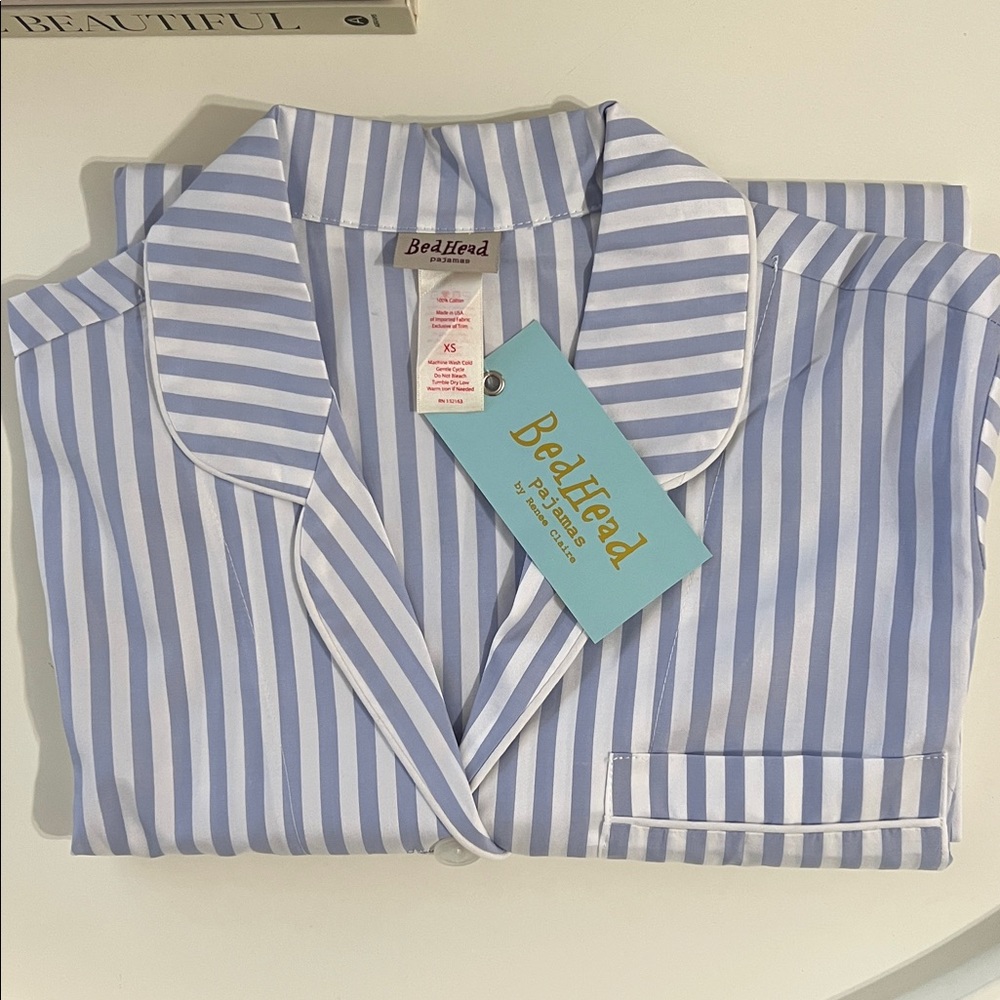Blue and White Striped Button-Up Pajama Nightshirt